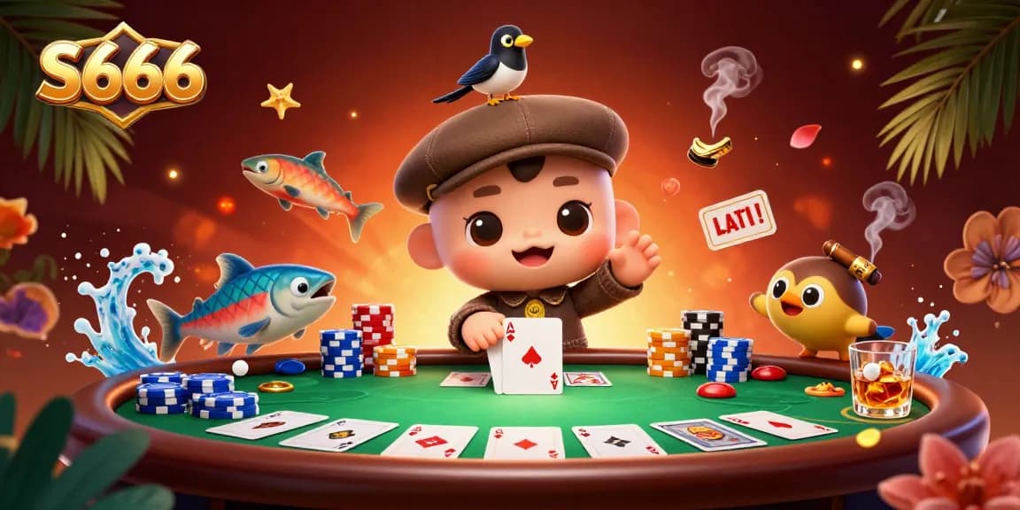 S666 poker scene illustrated with Nessie and friends enjoying gaming excitement and vibrant casino elements.