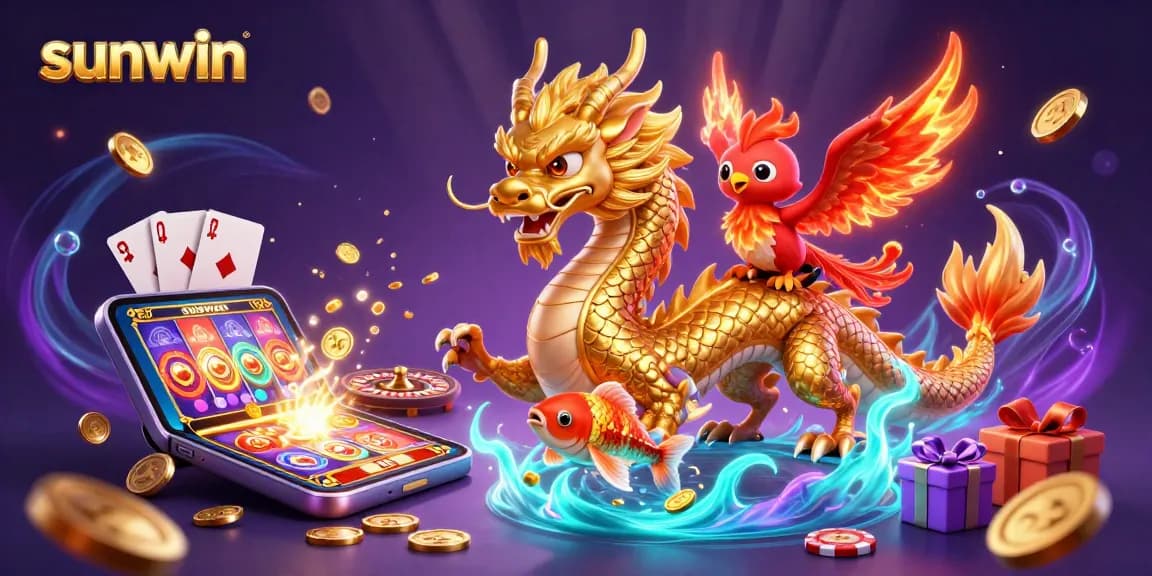 Experience the vibrant fun of sunwin with an epic casino scene including a dragon and phoenix.