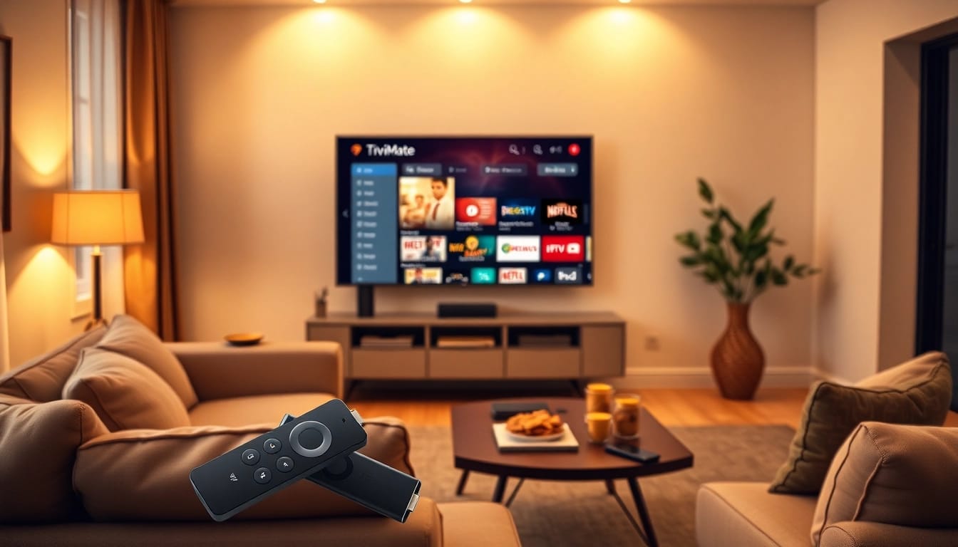 TiviMate interface displayed on a TV in a cozy living room setting.
