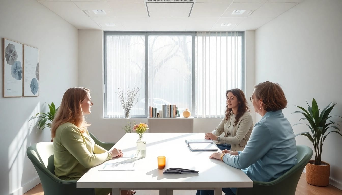 Professionelle Unternehmensberatung für Pflegeeinrichtungen: Experten besprechen Strategien in einem hellen Büro.