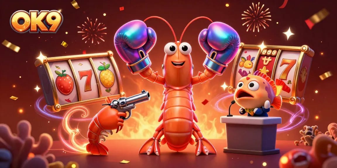 Engage in thrilling gameplay at OK9 with a colorful 3D illustration featuring festive casino elements.