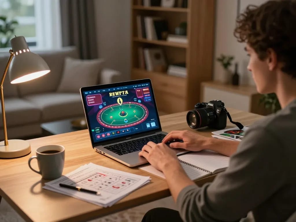 Engaging in online casino gameplay, Plagiat scannen on a laptop amidst cozy home decor.