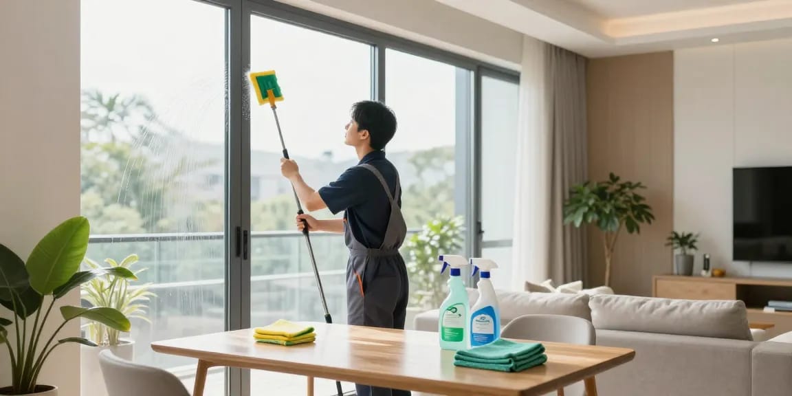 Professional cleaner at work in a bright apartment, showcasing putzfirma bern services.