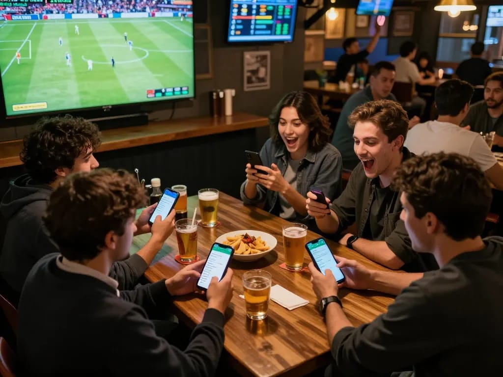 Friends enjoying a live sports betting experience while using keonhacaii app on their phones in a sports bar.