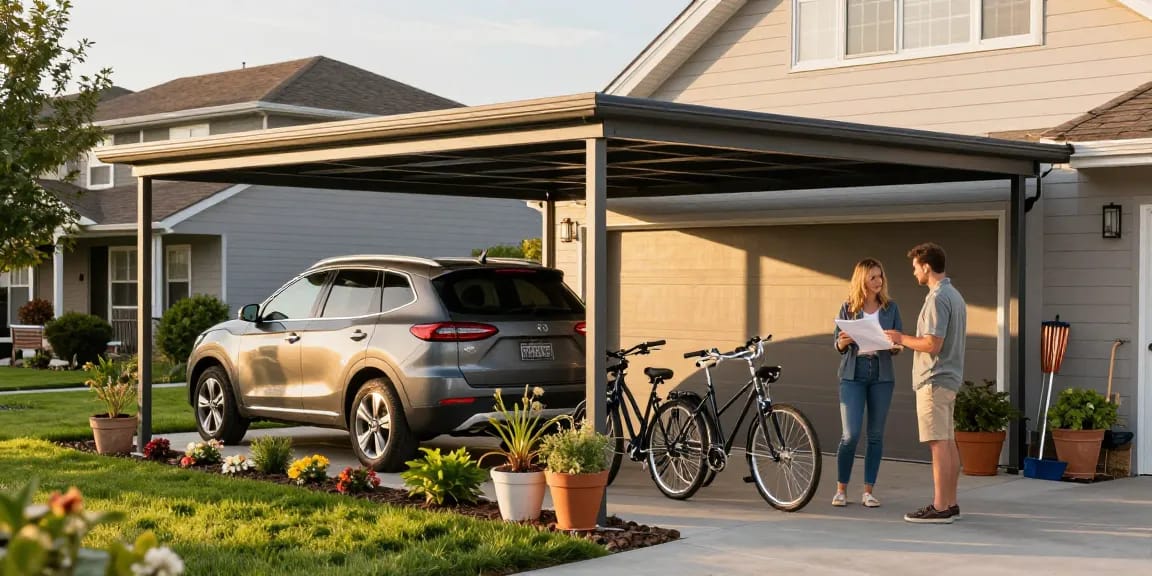 Moderne Carport-Installation mit Familien-SUV im Garten, stilvoll und funktional.