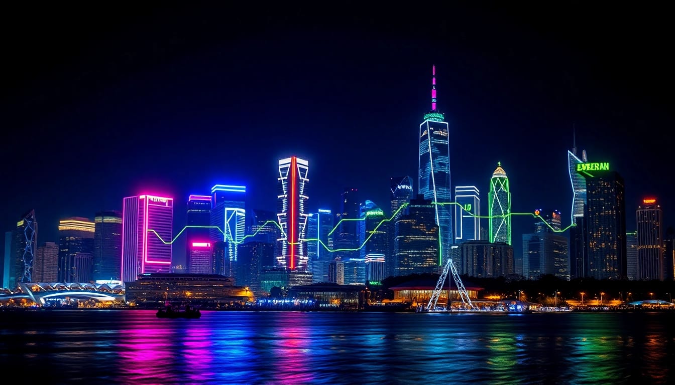 Visualisieren Sie den Web-Rang mit einer nächtlichen Skyline, die den digitalen Erfolg symbolisiert.