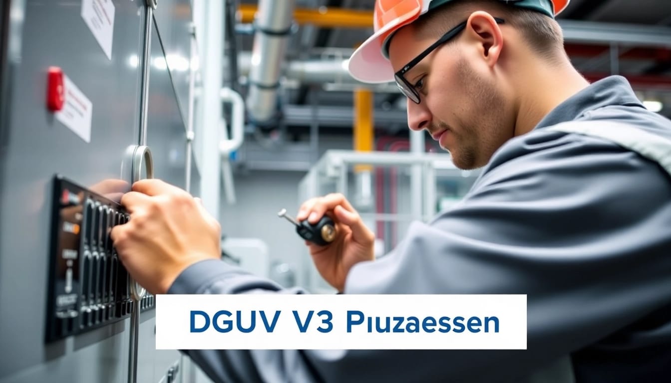 Technician conducting a DGUV V3 Prüfung on electrical equipment, ensuring safety and compliance with regulations.