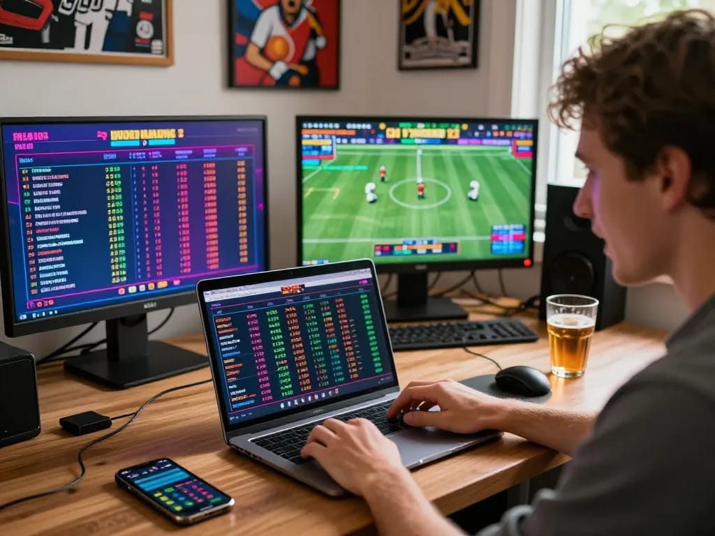 Engaging sports betting scene showcasing tỷ lệ kèo nhà cái hôm nay with a person focused on live betting odds.