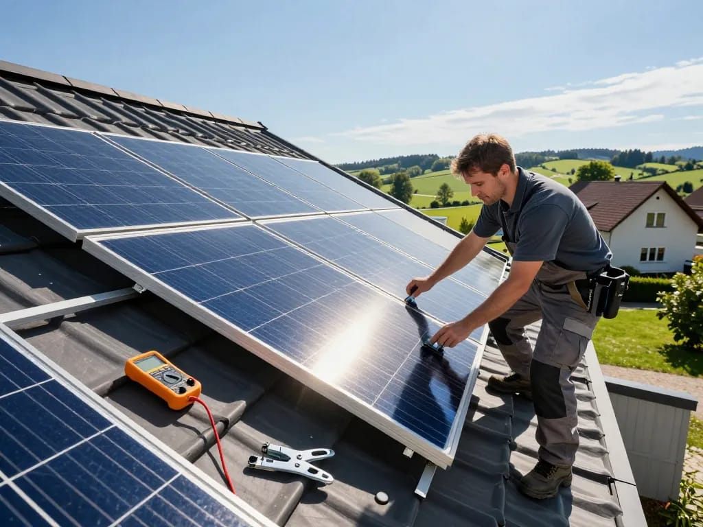 Photovoltaik Bayern Solarplatteninstallation an einem bayerischen Haus durch einen erfahrenen Techniker