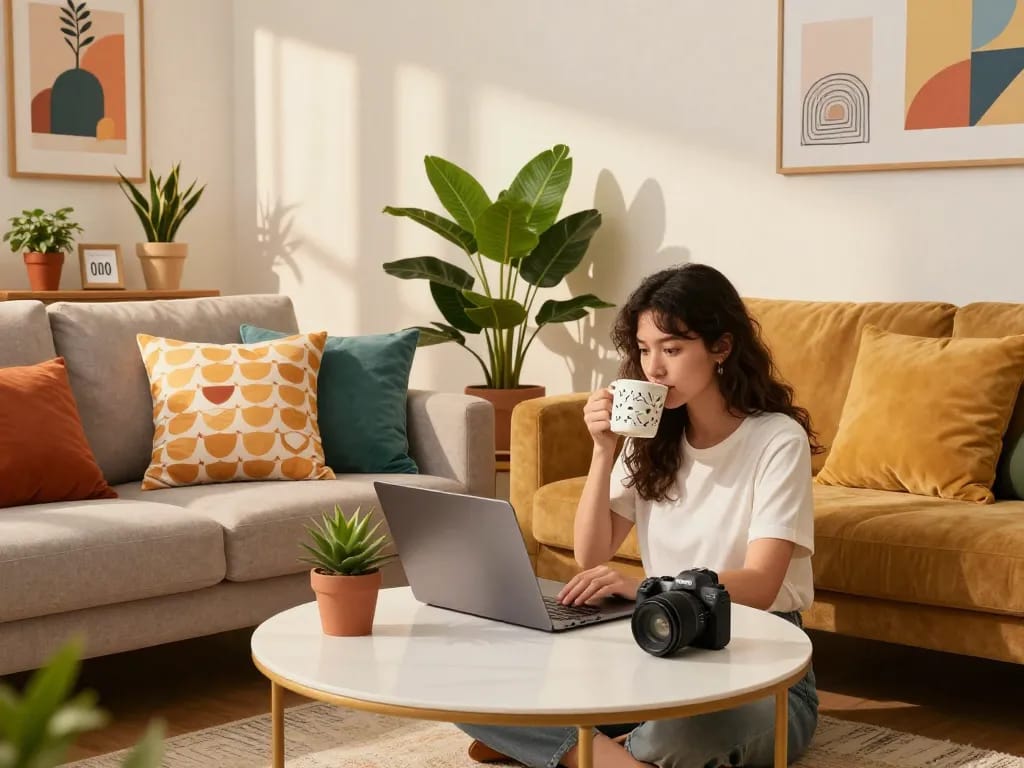 Gemütliches Wohnzimmer mit sofort lieferbar Produkten, während eine Frau online einkauft.