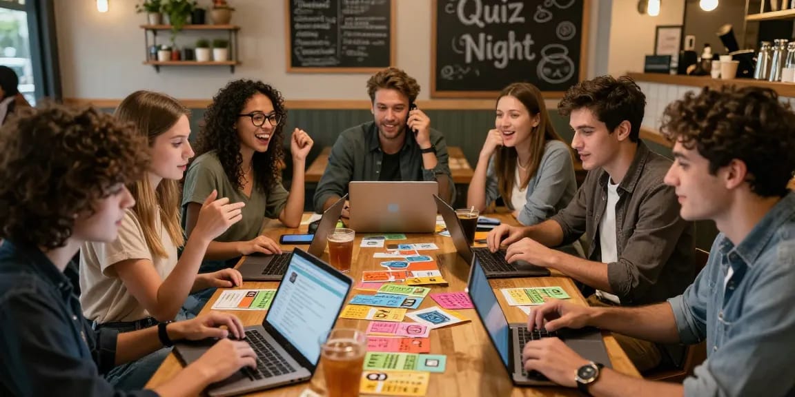 Quiz Allgemeinwissen in einer freundlichen Kaffeehaus-Atmosphäre mit Freunden, die ihr Wissen testen.