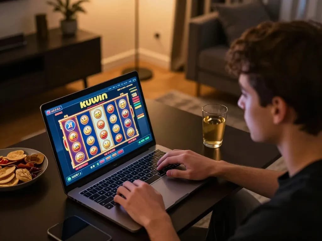 Kuwin casino gameplay on a laptop, featuring attractive slot machine graphics and a relaxed home environment.