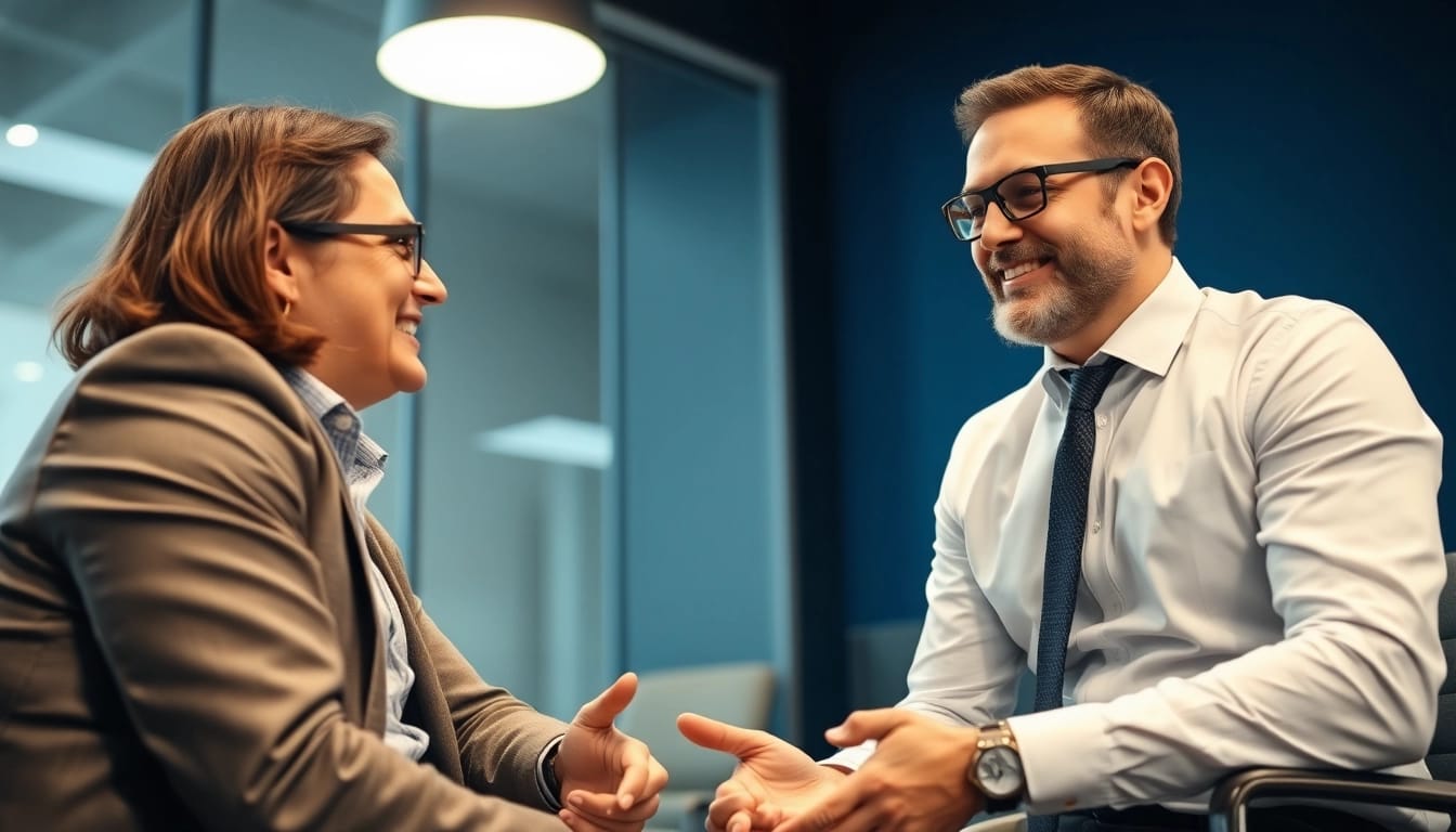Headhunter führt ein vertrauensvolles Gespräch mit einem potenziellen Kandidaten in einem modernen Büro.