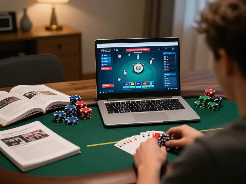 man88 user navigating an online poker game, showcasing strategic chip placement in a cozy home setup.