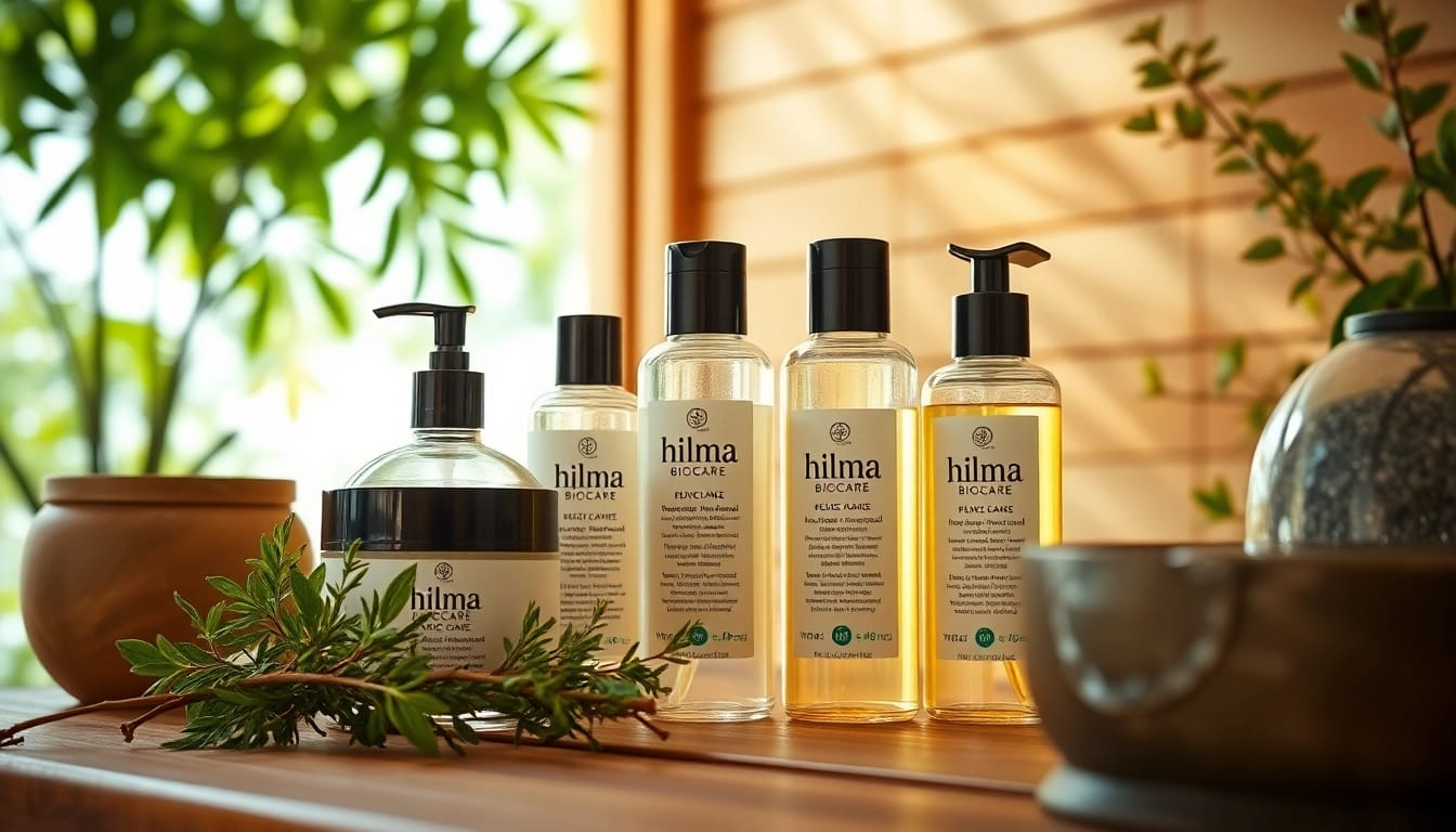 Hilma biocare products displayed among serene spa elements, promoting wellness and relaxation.