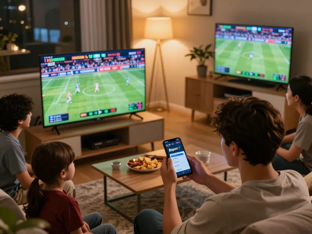 Engaged bettor using Bsport BTY app while watching live sports, capturing the excitement of real-time betting.