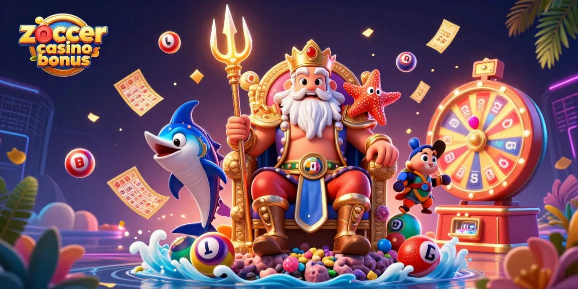 Experience the zoccer casino bonus with vibrant casino elements and Neptune in a colorful scene.