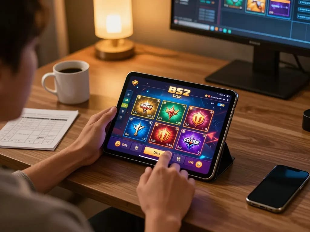 Ứng dụng câu lạc bộ B52 hiển thị trên màn hình máy tính bảng, trình bày các trò chơi casino đầy màu sắc khi tận hưởng tại nhà.