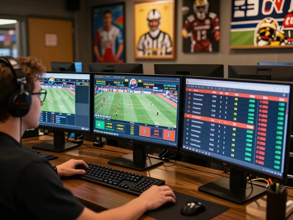 Engaging sports betting scene featuring a person analyzing live odds on 99OK for strategic wagering