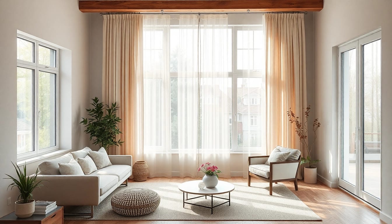 Plissee Maßanfertigung im eleganten Wohnzimmer mit natürlichem Licht durchflutet.