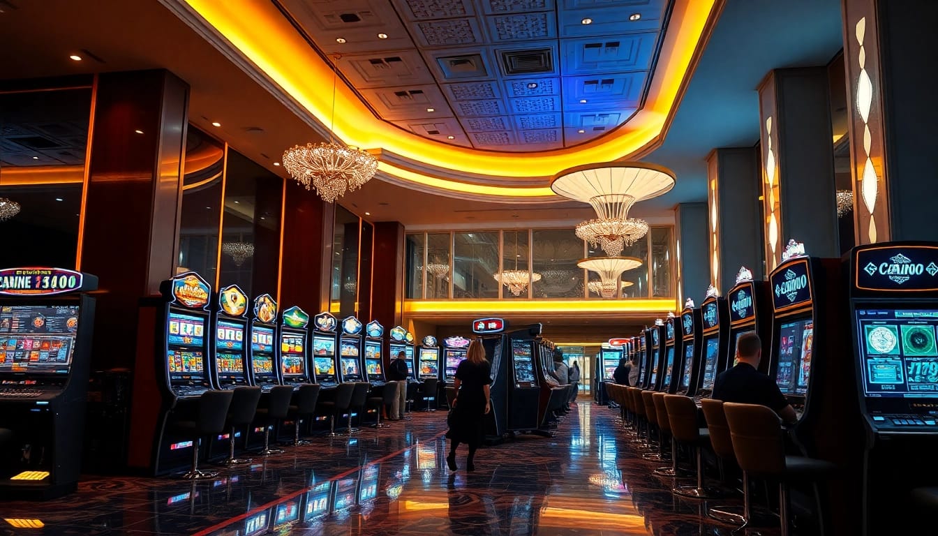 Erlebe den Casino Bonus in einem lebhaften Casino mit eleganten Spielautomaten und geladenen Gästen.