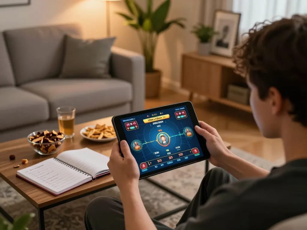 Khoảnh khắc thú vị của một người chơi sử dụng Go 88 để chơi casino trực tuyến trên máy tính bảng trong một không gian phòng khách ấm cúng.