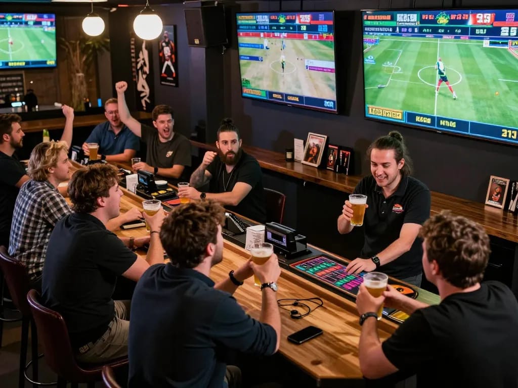 Fans enjoying sports betting excitement at a bar, celebrating wins and placing bets with VIN777.