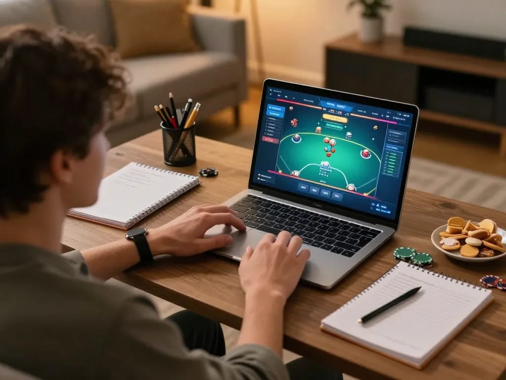 Exciting online poker gameplay on mb668 with player using laptop at home, snacks, and gaming notes nearby.