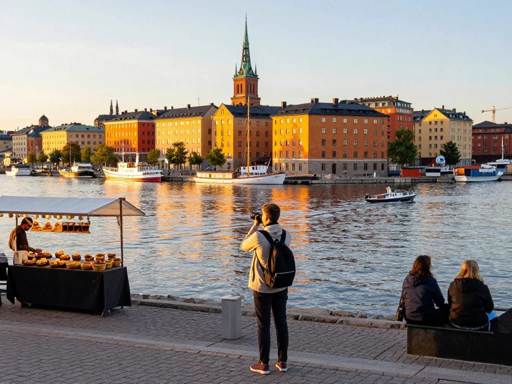 Entdecken Sie den Reiz von Reisetipps Stockholm mit einem lebhaften Sonnenuntergangsblick am Ufer, der einen Reisenden zeigt, der die Sehenswürdigkeiten genießt.