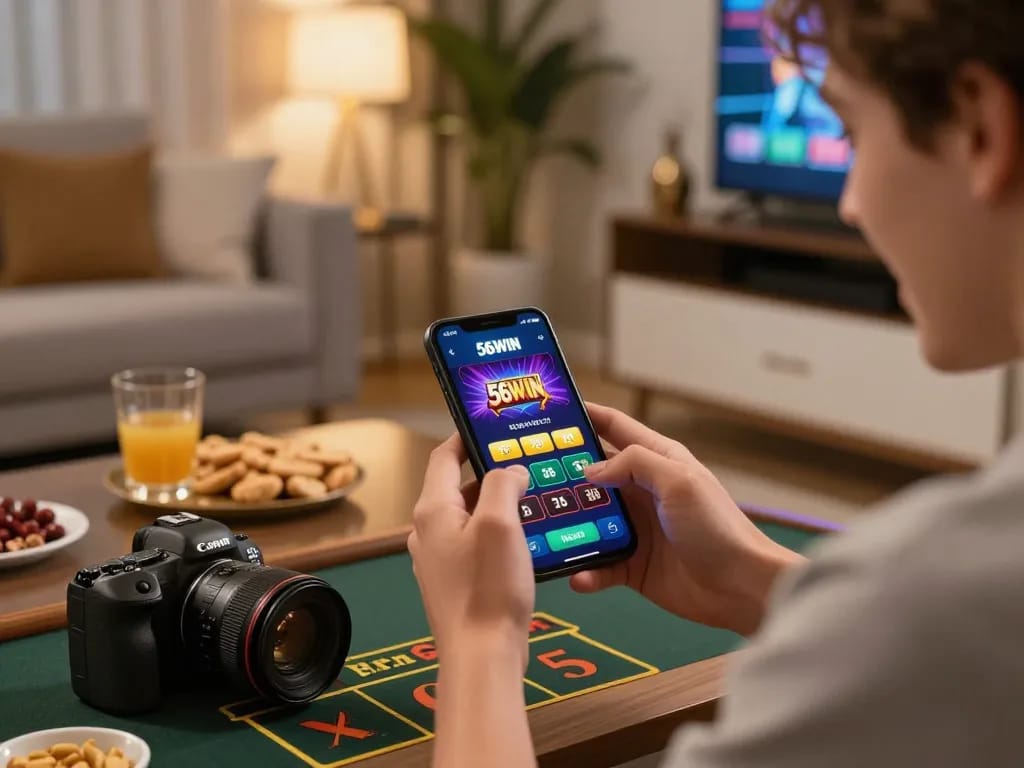 The user interacts with the 56WIN casino app on their smartphone in a cozy living room, highlighting online gaming excitement.