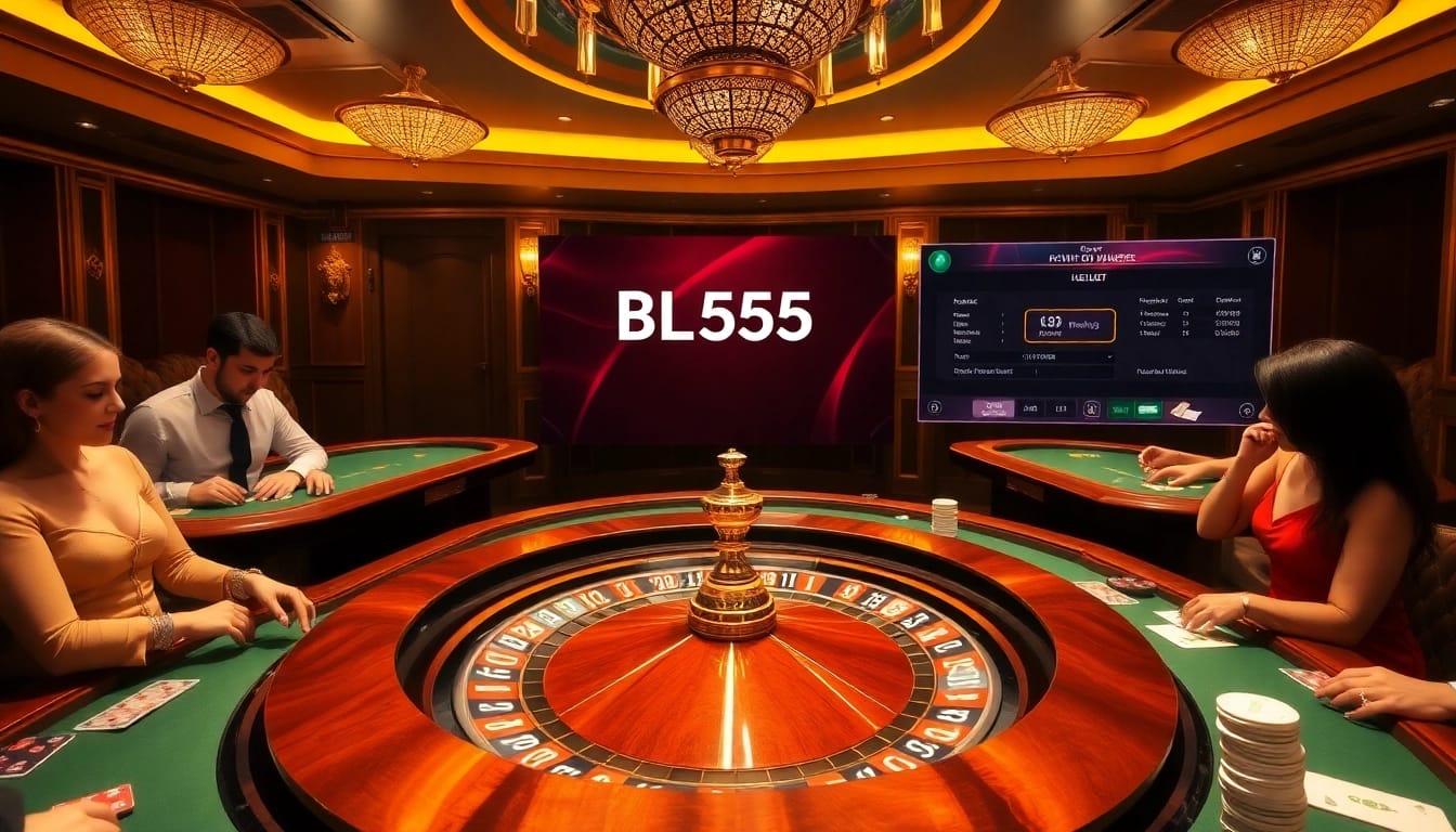 Exciting gameplay at BL555 casino with a grand roulette wheel and elegant players.