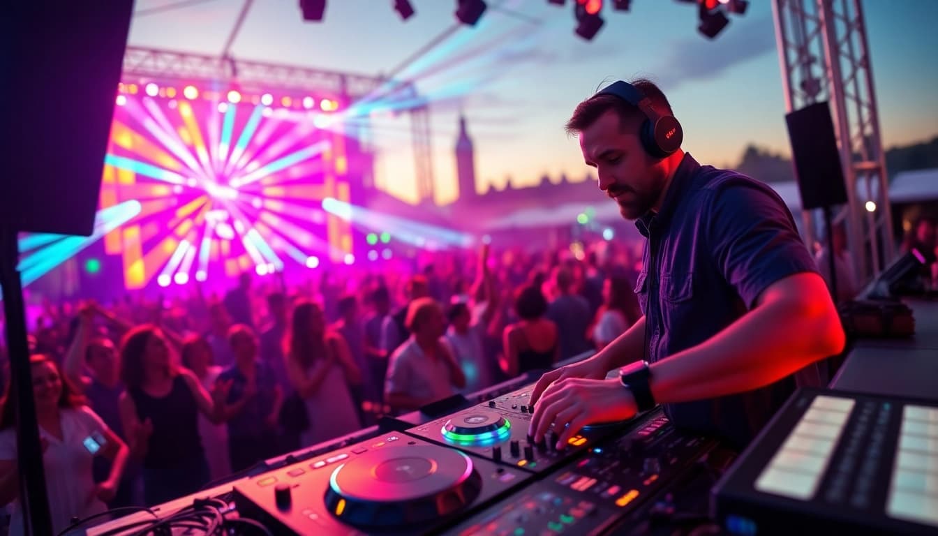 DJ in München begeistert das Publikum mit mitreißenden Beats auf einem live Event.