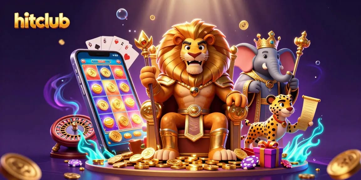 Experience the thrill of hitclub with a vibrant casino scene featuring a lion king, elephant advisor, and cheetah messenger.