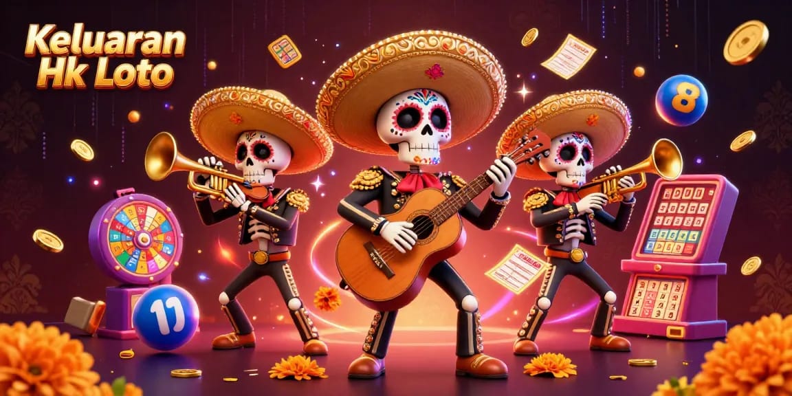 Keluaran Hk Lotto displays vibrant lottery scene with dynamic numbered balls and colorful mariachi band.