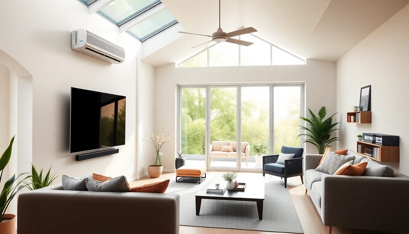 Klimaanlagen in einem modernen Wohnraum mit energieeffizientem Design und natürlichem Licht.