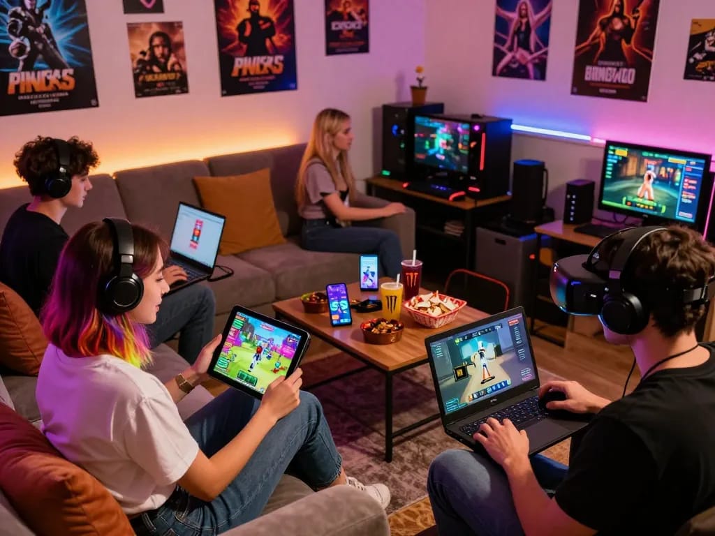 Engaged players enjoying various porn ganes in a cozy gaming lounge atmosphere.
