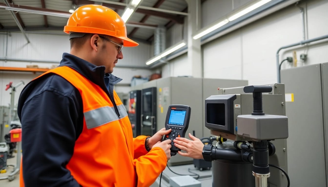 Technician performing a DGUV V3 Prüfung, ensuring electrical safety compliance in a professional setting.