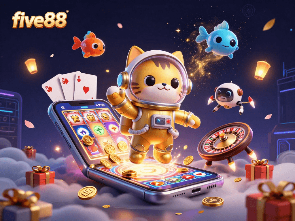 Engage in thrilling gameplay at five88 with a vibrant scene of casino elements combined with fun characters.