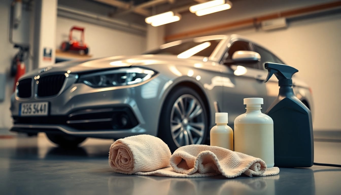 Jetzt Autopolitur kaufen – Hochwertige Pflege für glänzendes Auto mit Politur und Werkzeugen in einer Garagenumgebung.