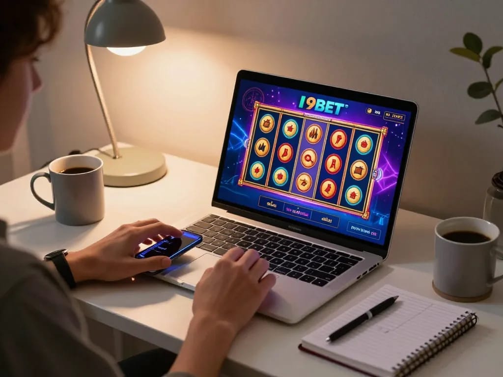 I9BET user playing online slots on laptop in a cozy home office setting