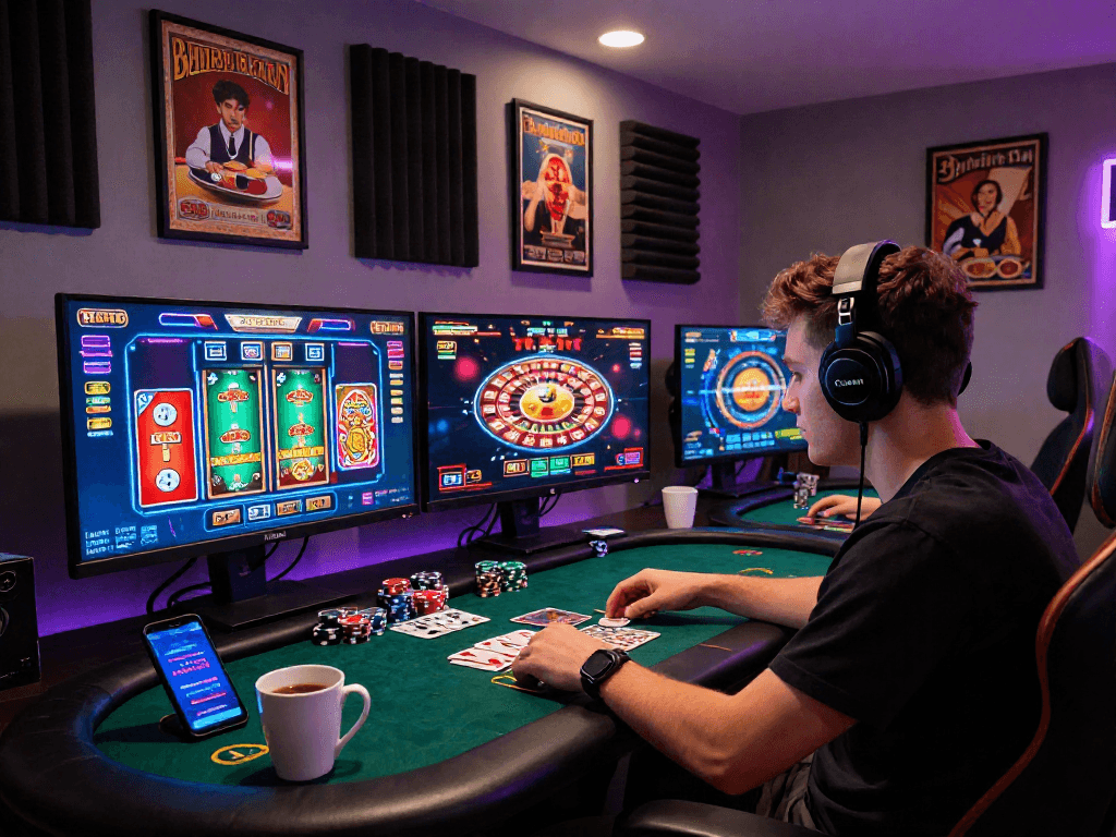 Engaged player at a digital gambling setup, exploring rokok88 online casino games with vibrant displays.