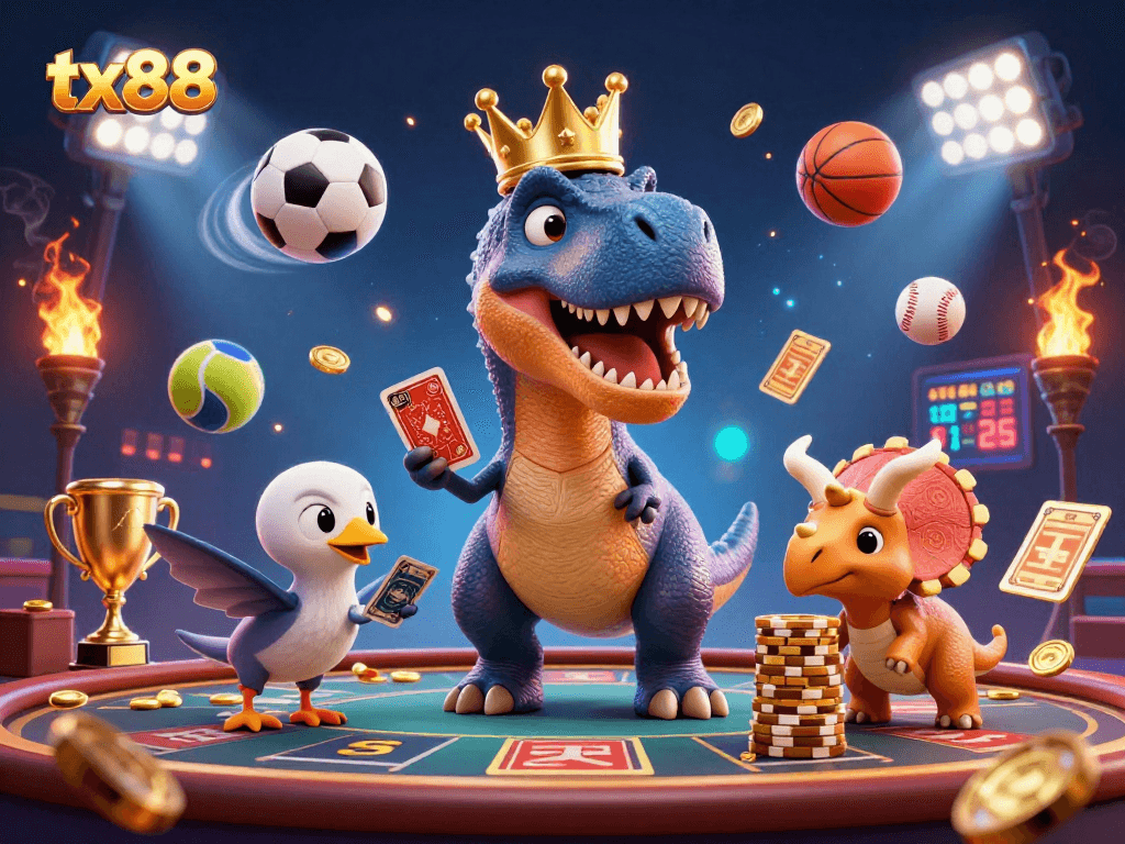 Engage in thrilling sports betting adventures with tx88’s vibrant casino scene featuring playful dinosaurs.