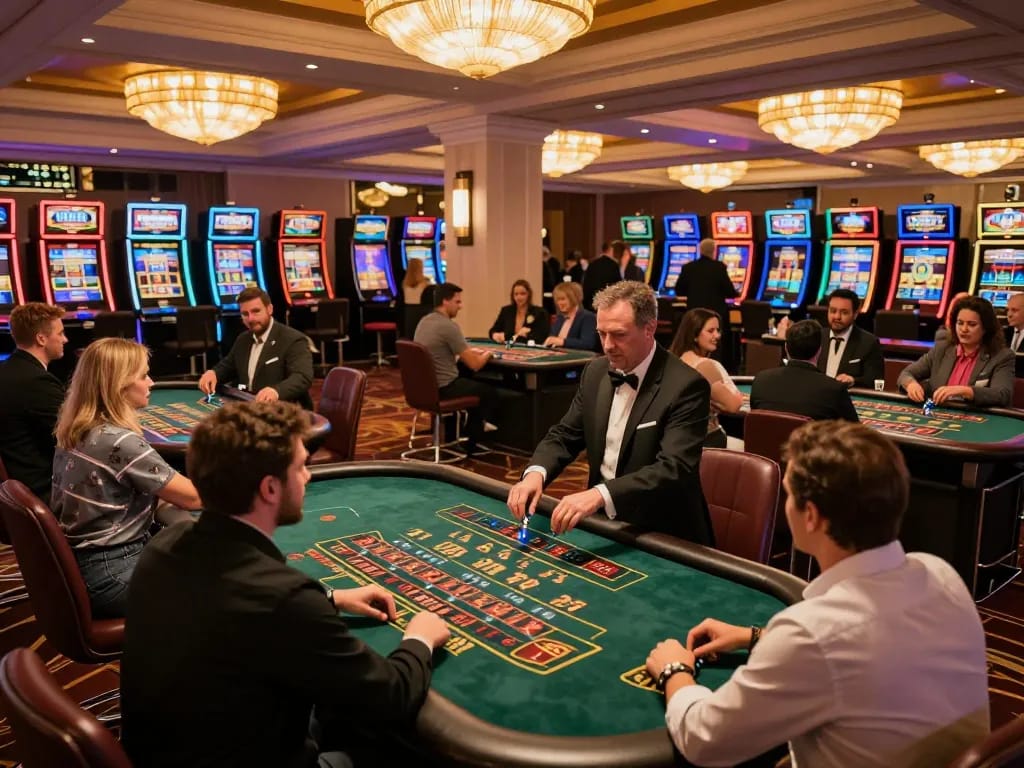 KJC players engaging in strategic gameplay and celebrating wins at a vibrant casino floor.