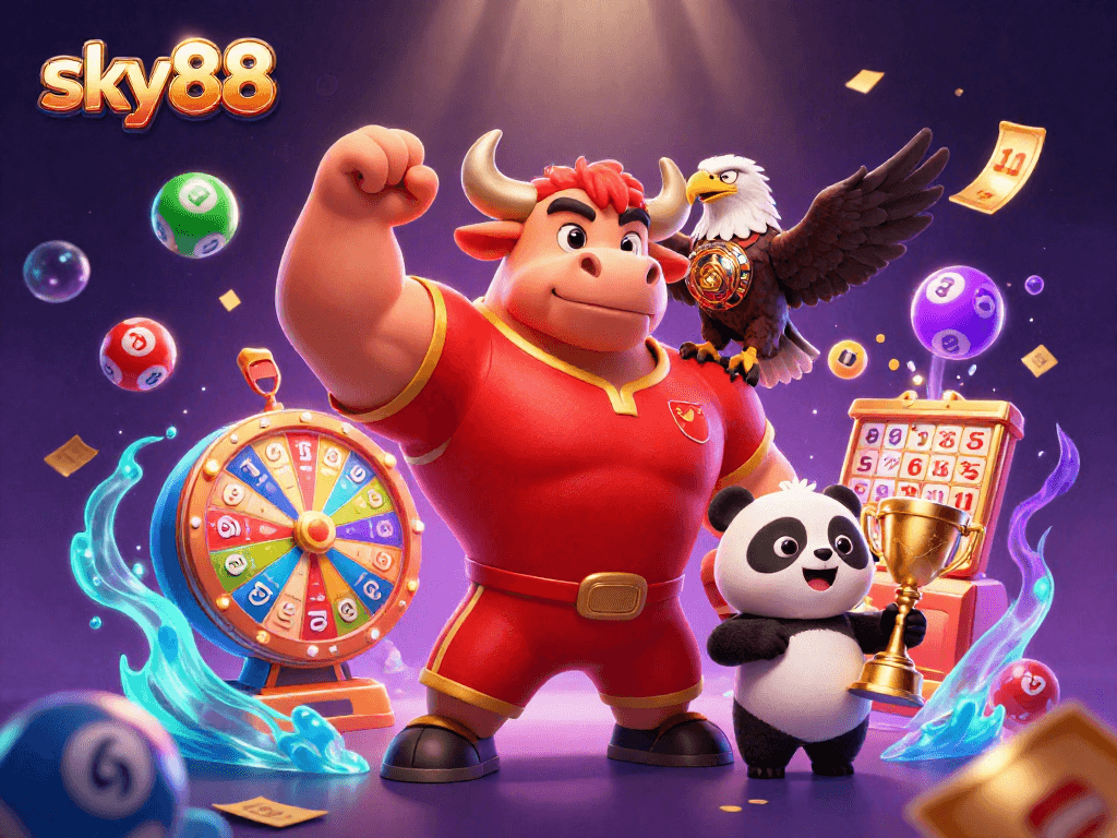 Engage with sky88's vibrant 3D casino scene featuring a victory pose bull mascot and dynamic lottery elements.