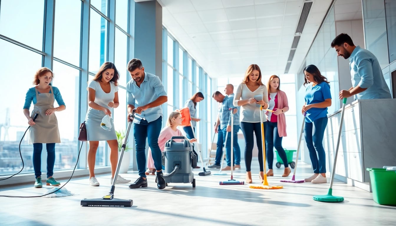 Professionelle Gebäudereinigung Ulm mit einem Team, das in einem modernen Büro arbeitet.