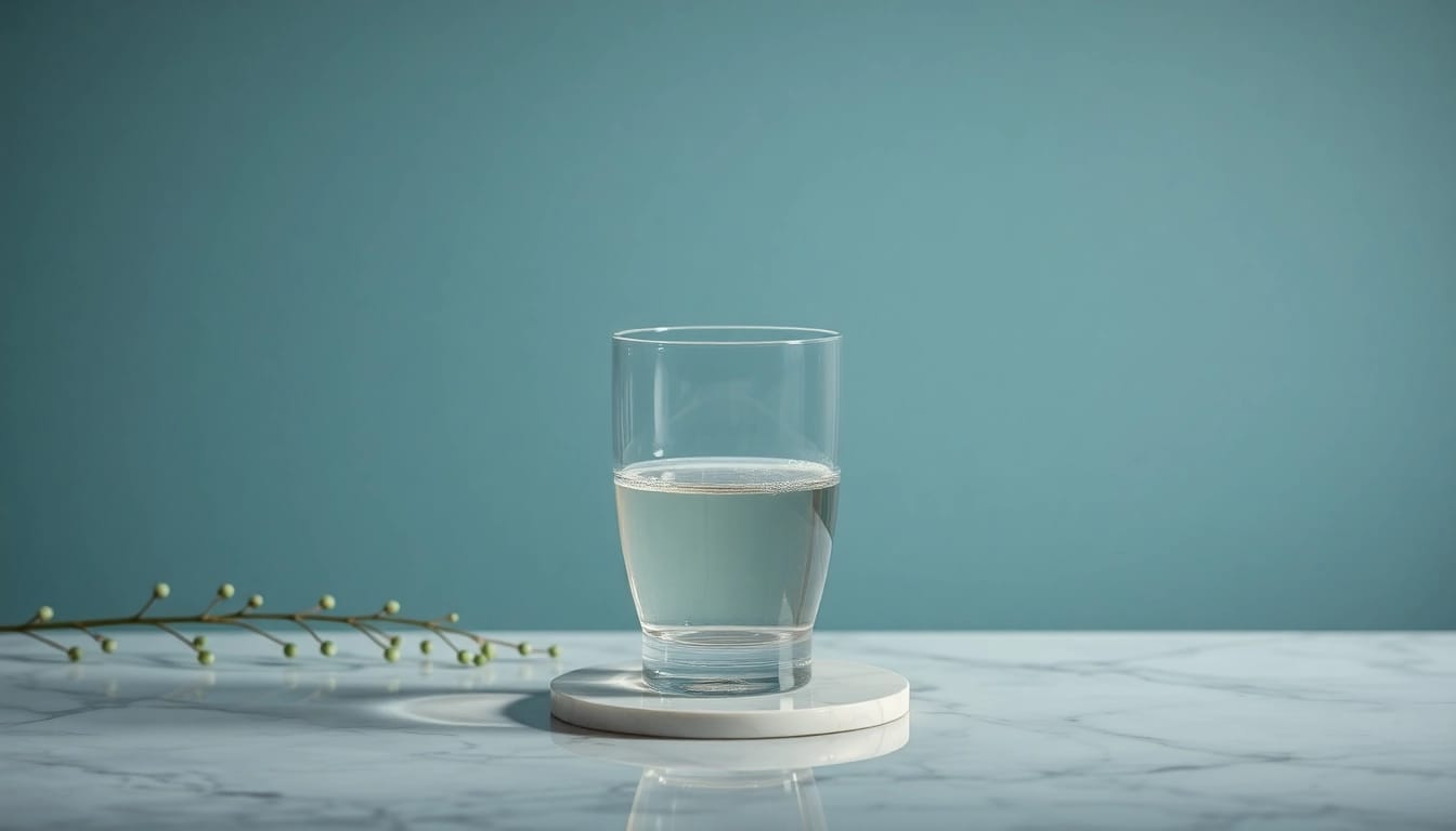 Kolloidales Silber kaufen: Eleganter Glasbehälter mit Silber und grünem Hintergrund.