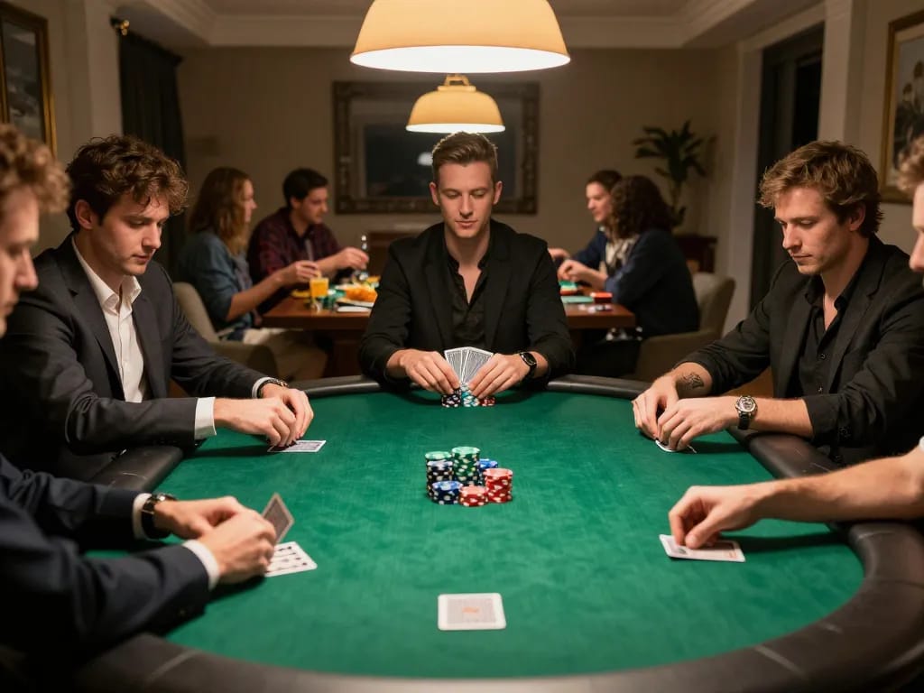 PH22 players engaged in strategic poker gameplay during private home game night.