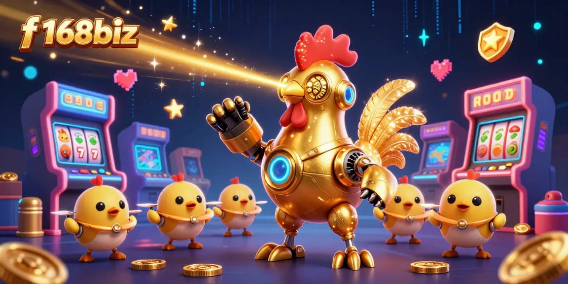 Engage in thrilling online gaming with f168biz, featuring golden rooster robot action and colorful arcade elements.