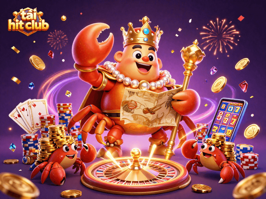 Play and win at tải hit club with dynamic casino characters in a vibrant illustration.