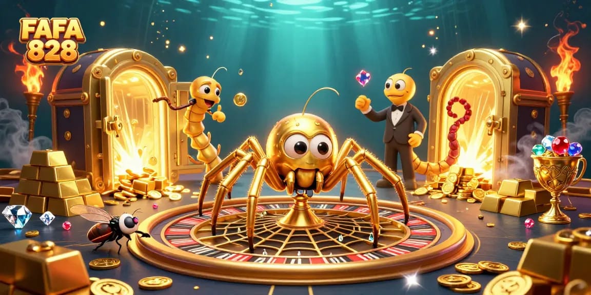 Experience the thrill of FAFA 828 as a golden spider spins a roulette wheel in a rich casino scene.